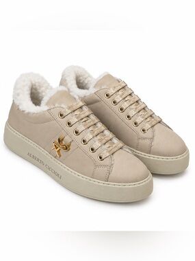 Alberto Ciccioli Beige Lamb Fur Shearling Lined Sneakers with Gold Accents